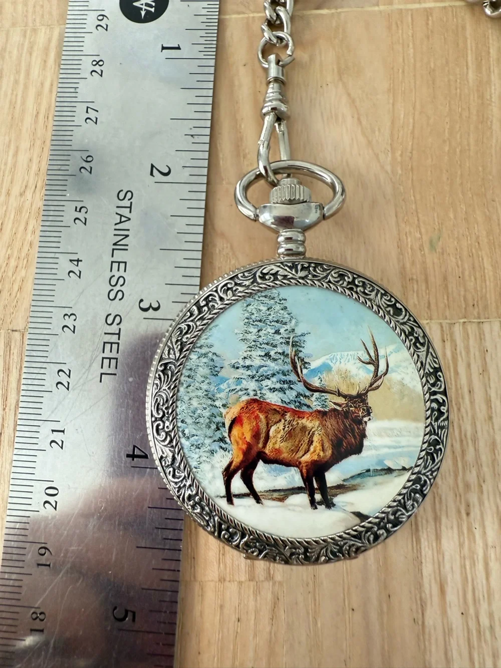 Remington hunter inspired silver tone Stag design pocket watch NEW BATTERY